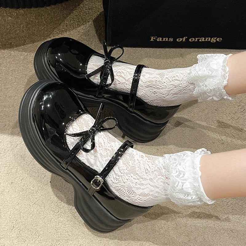 Black Chunky Platform Mary Jane Shoes for Women 2025 Spring Patent Leather Pumps Woman Thick Bottom Bowknot Lolita Shoes Ladies