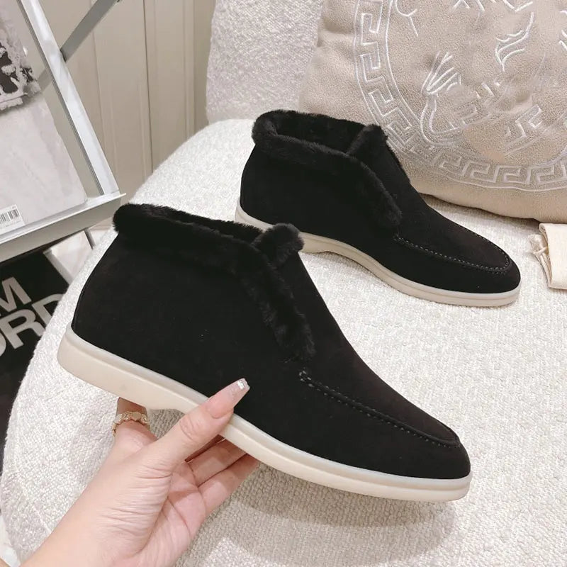 Women's Snow Boots Slippers Flat Boots Women's Natural Fur Warm Winter Shoes Cow Suede Loafers Black