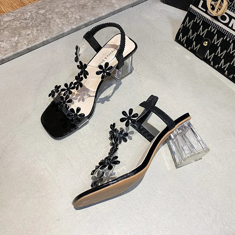 High-heeled Sandals Women's 2022 Summer New Style Fashion Small Flower Decoration Buckle Transparent Square Heel Women's Shoes