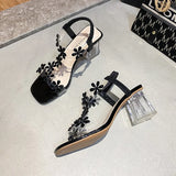 High-heeled Sandals Women's 2022 Summer New Style Fashion Small Flower Decoration Buckle Transparent Square Heel Women's Shoes