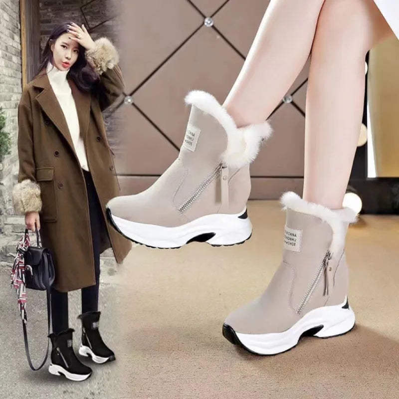 Wedge Shoes Leather Snow Boots Woman Winter Boots Warm Women's Shoes Mid-Calf Ladies Platform Booties