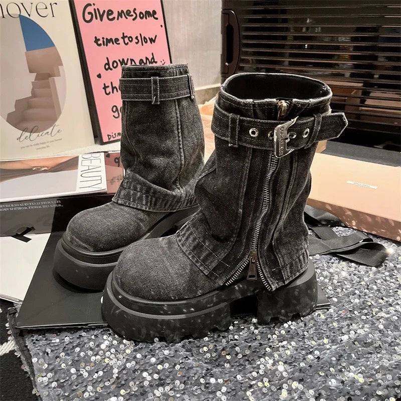 Platform Shoes Cowboy Boots for Women Round Toe Square Heel Mid Calf High Women Boots Punk Street Style Outdoor Denim Solid