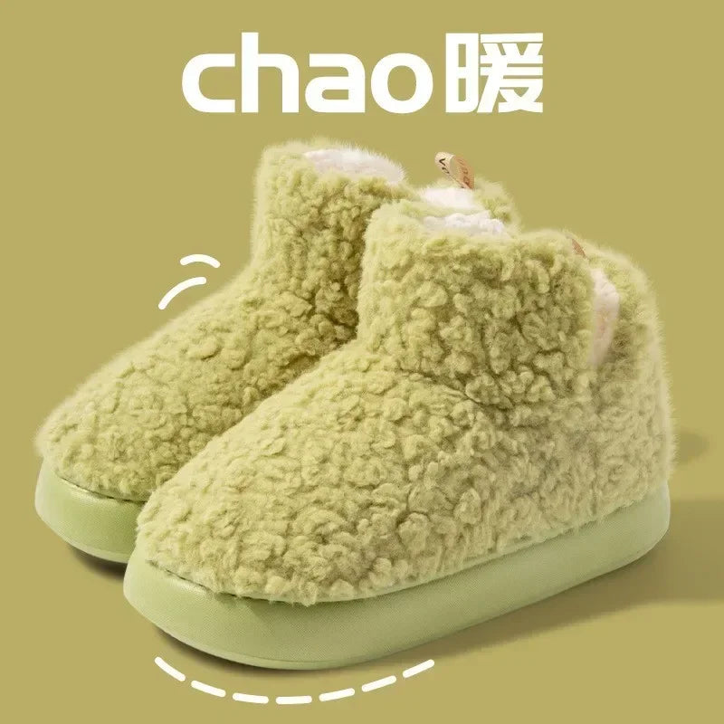 Thickened Plush Fur Warmth Household Snow Boots Cotton Women Slippers Home Boots Simple Solid Color Winter Fluffy Platform Shoes