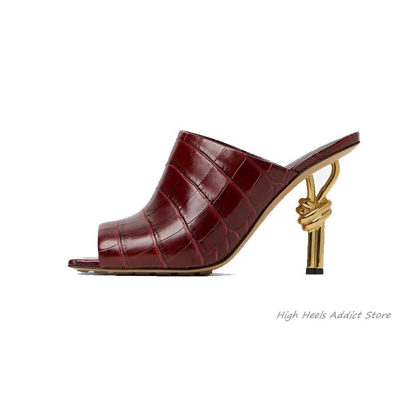 2024 Runway New Square Toe Leather Slippers Strange Style High Heels Colorful Mules Women's Luxury Designer Party Brand Shoes