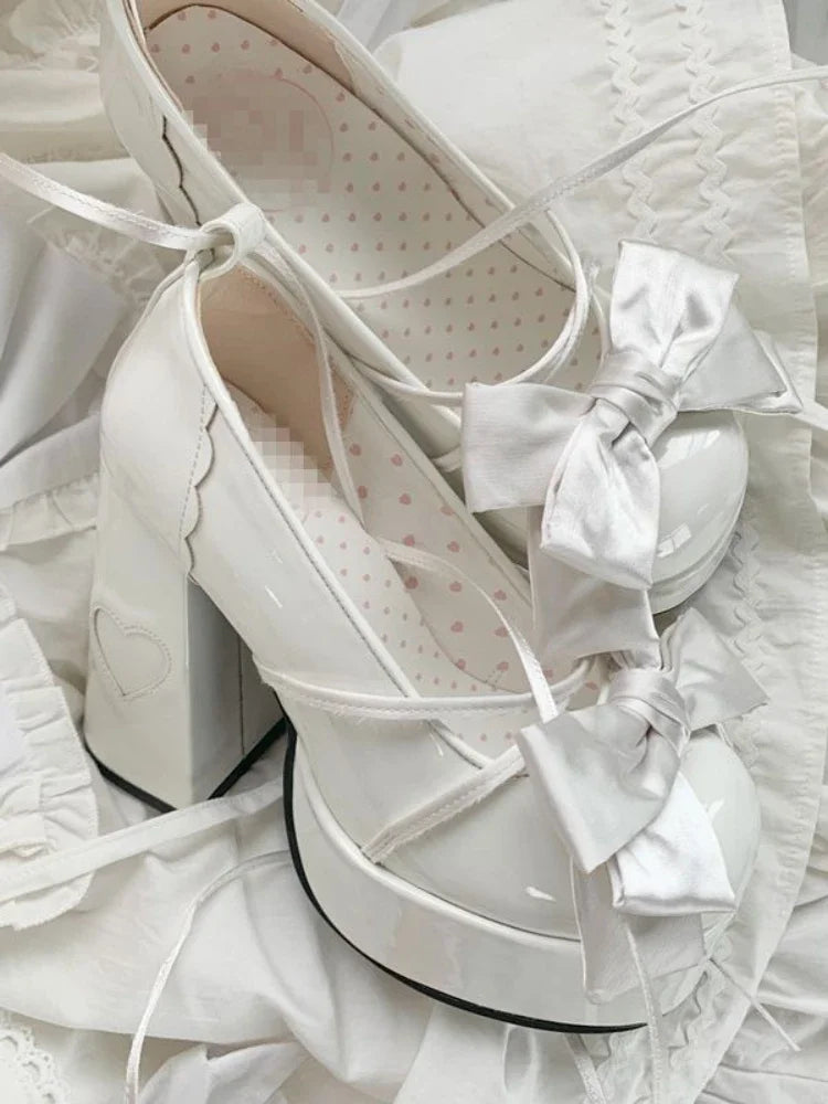Pink Sweet Lolita Mary Janes Shoes Women Japanese Princess Kawaii High Heels Shoes Female Bow French Vintage Platform Shoes 2024