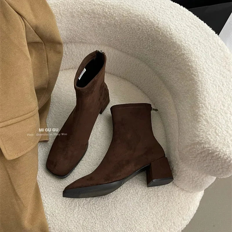 Autumn Winter Fleeces Women Sock Ankle Boots Fashion Square Heel Ladies Elegant Keep Warm Short Booties Women's Footwear