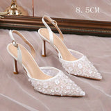 2025 Summer Lace Beaded Wedding Shoes Back Strap High Heels Bridesmaid Sandals For Women French Party Heels