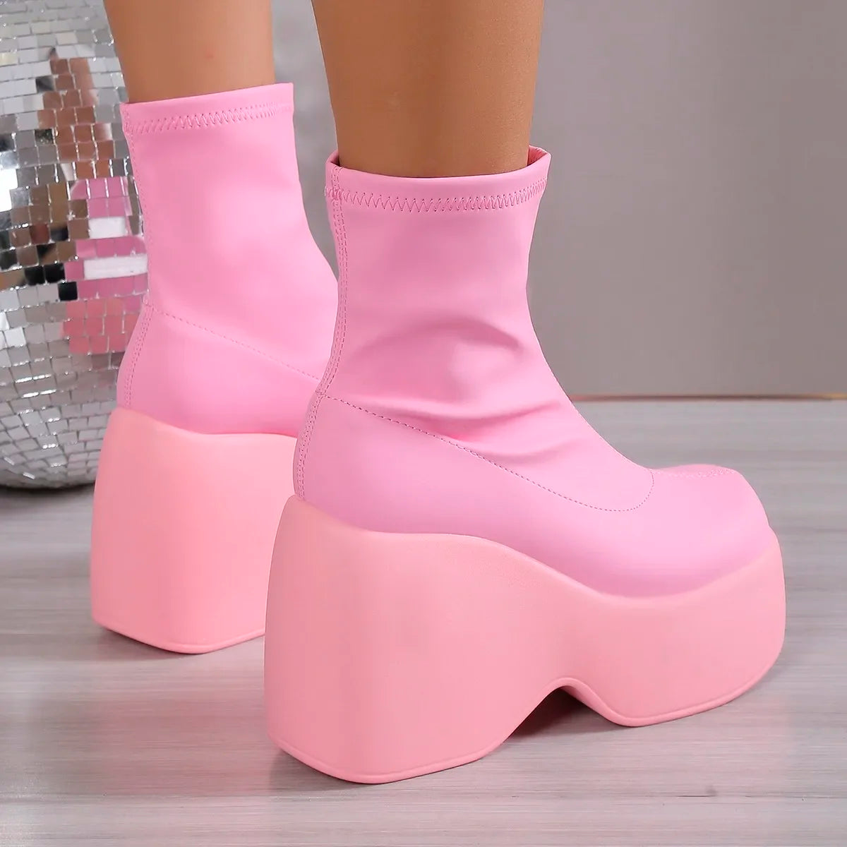 12CM High Heel Short  Boot for Womens Sexy Chunky Platform Soft Leather Ankle Boots Walking Comfy Matsuke Sole Punk Shoes