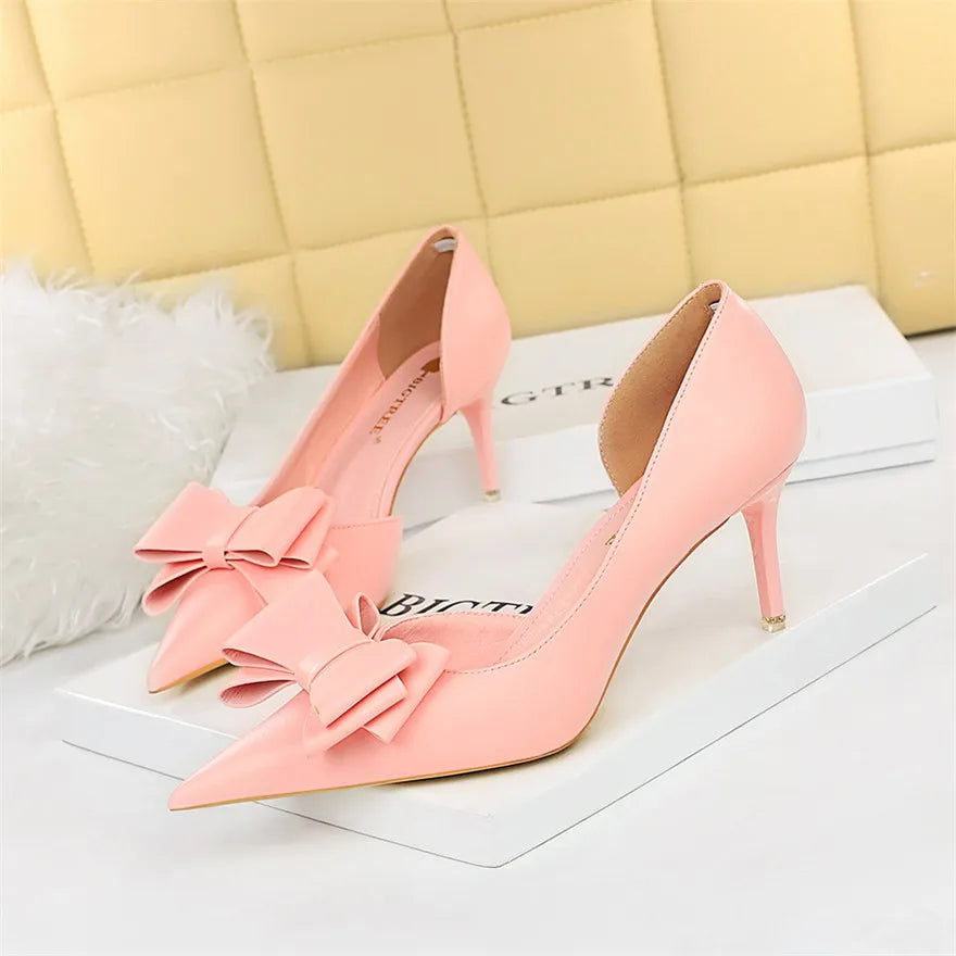 Side Hollow Soft Leather Women Pumps 7 Color Fashion Bowtie Pointed Toe High Heels Ladies Dress Wedding Shoes Woman Work Shallow