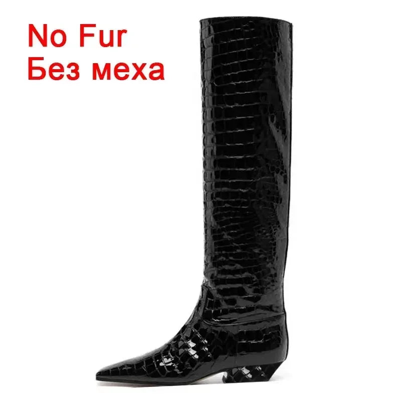 JOZHAMTA Size 35-43 Women Knee Boots 2025 Ins Fashion Stone Pattern Soft Leather Thick Heels Shoes Fall Winter Long Tall Boots