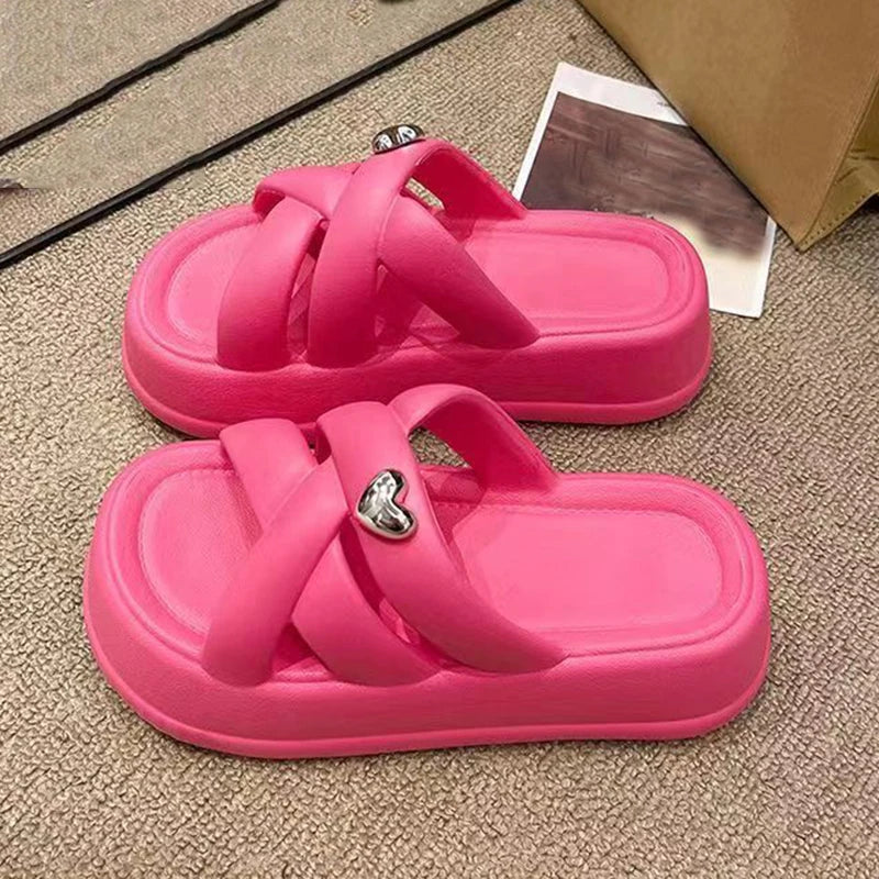 Summer Women Sandals Platform EVA Slippers Beach Vacation Slides Little Heart Decoration Thick Bottom Casual Slippers For Female