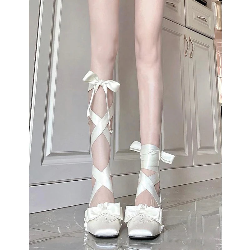 Ballet Style Women Shoes Cross-Strap Sandals Lace-Up Women Pumps Bowknot 4cm Med Heels Party Lolita Shoes Women Sandals Summer