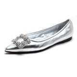 2023 Spring and Autumn New Fashion Shallow Mouth Rhinestone Square Buckle Pointed Versatile Women's Flat Bottom Casual Shoes
