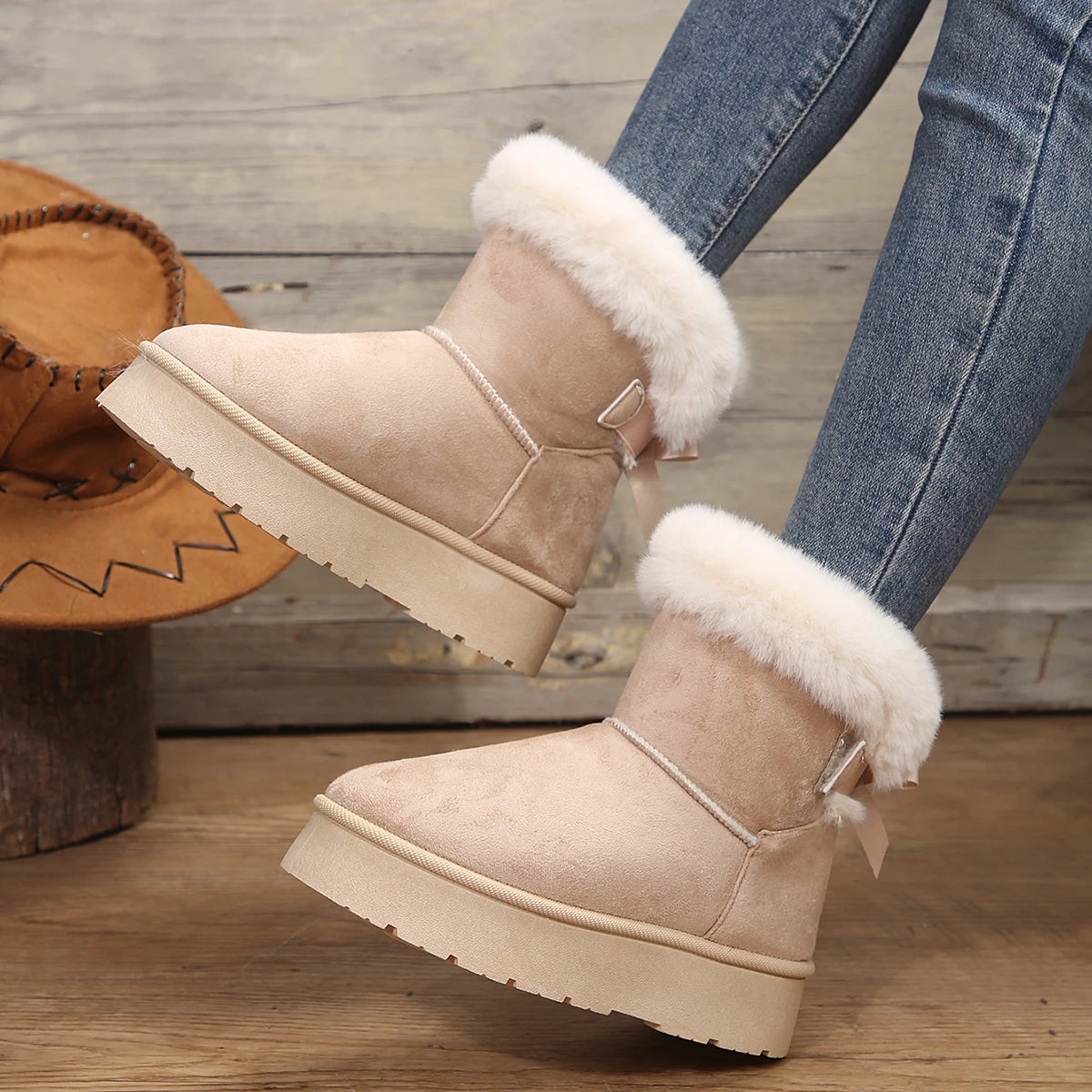 Woman's Fur Snow Boots 2024 New Winter Fashions Short Tube Bow Knot Shoes Outdoor Thickened Warm Platform Snow Boots Ankle Boots