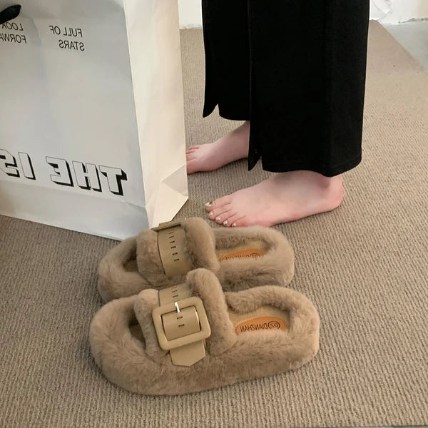 Med Shoes Womens Slippers Outdoor Slides Pantofle Flock Platform Fur Flip Flops 2024 Flat Plush Autumn Fabric Rome Shoes House S