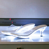 6CM Women's Kitten Heels LED Light Sandals Nightclub Slim Heel Transparent Crystal Car Model Shining High Clear Beach Slippers