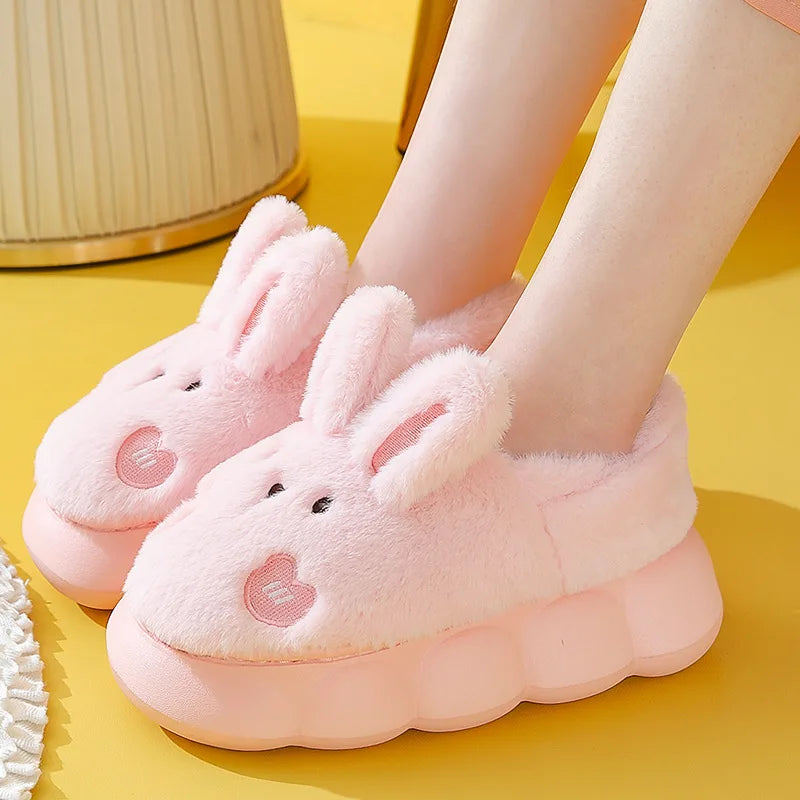 Winter Cute Plush Rabbit Cotton Slippers for women with thick soles and full heels Household Warm Non-slip Shoes