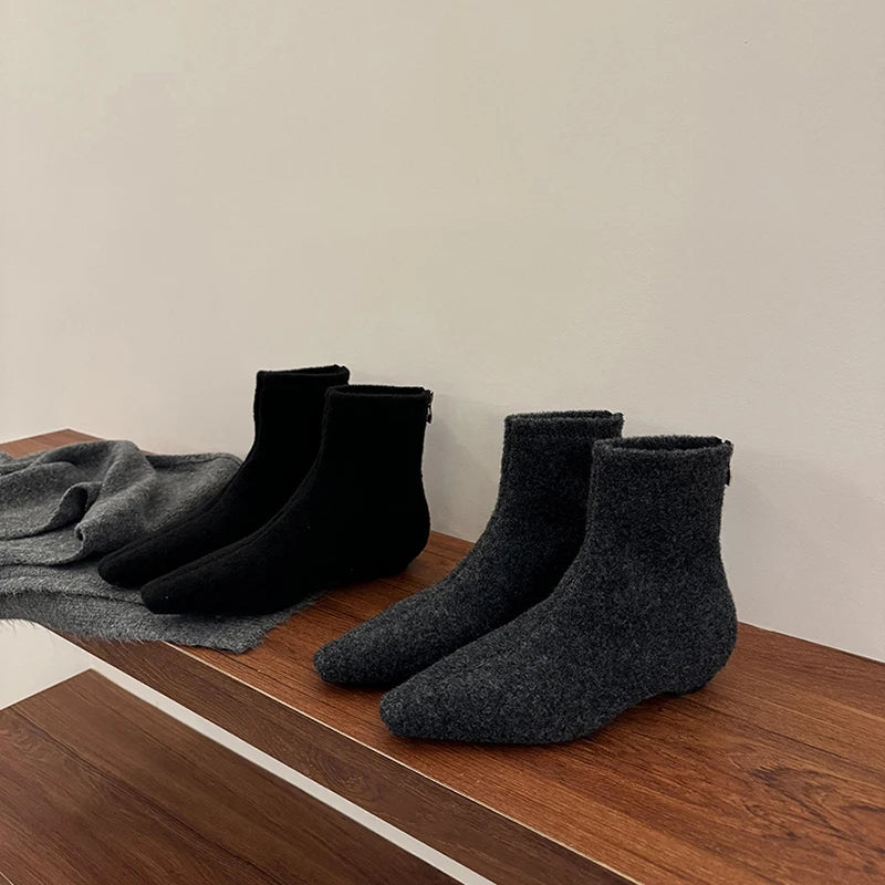 Street Style Square Toe Wool Women Ankle Boot Elegant Low Heel Shoes 2025 Spring Autumn Ladies Short Booties