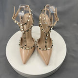Beige Square Rivets T-Strapy Women Sandals New High Heels Sexy Party Wedding Pointed Toe Pumps Ankle Buckle Women