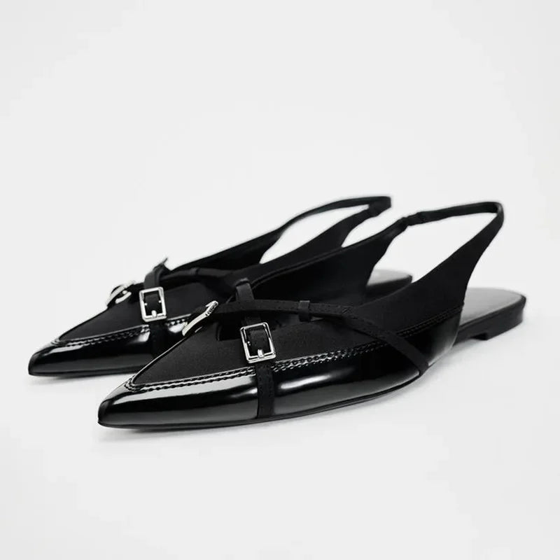 2025 Summer New Black Women's Sandals Buckle Cross Pointed Elegant Traf Designer Slingbacks Ladies Flat Shoes Big Size Footwear