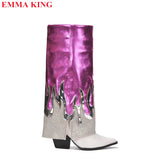 Flame Rhinestone Knee High Boots for Women 2023 Autumn Thick Heeled Pointed Toe Cowboy Boots Woman Slip On Western Long Boots