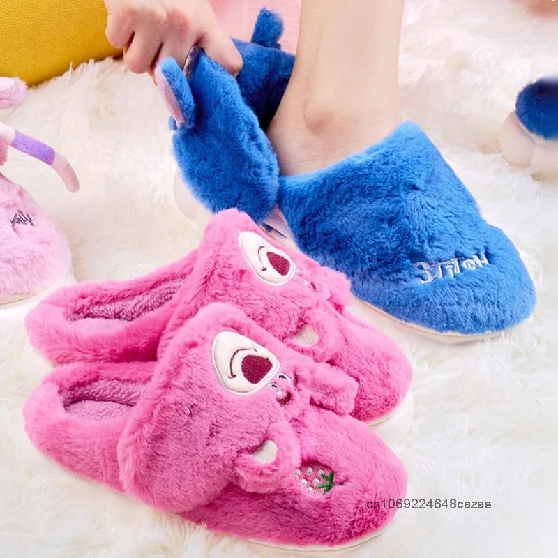 Disney Strawberry Bear Stitch Cute Plush Toy Slippers Women Autumn Winter New Warm Home Shoes Fashion Anti Slip Cotton Slippers