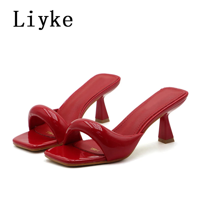 Liyke 2025 New Arrivals Black Silver Square Toe Slippers For Woman Mules Low Thin Heels Designer Slides Shoes Gladiator Sandals