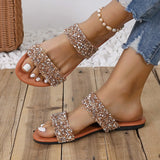 2024 Summer Fashion New Sexy Casual Comfortable Solid Color Crystal Sandals Round Toe Flat Heel Slippers Outdoor Mujer