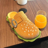 Yellow Hamburger Fashion Slippers Adult Metal Belt Buckle Soft Flat Outwear Thick-Soled Casual Beach Sandals Home Shoe For Women