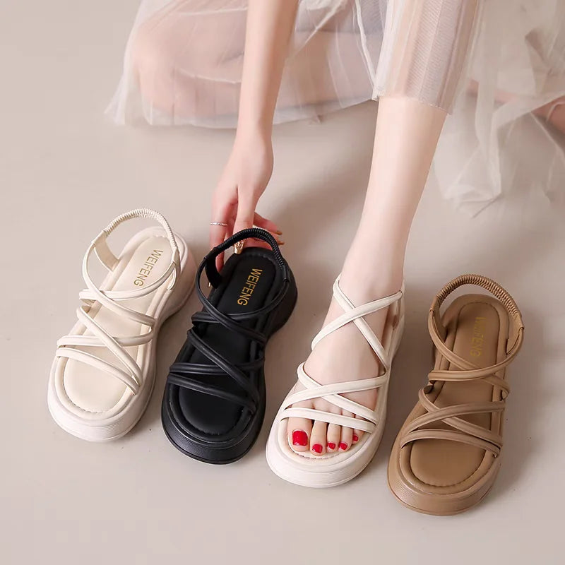 Fashion Platform Sandals Women Summer Wedge Heeled Sandals Woman Ankle Straps Thick Bottom Female Elastic Band Gladiator Sandals