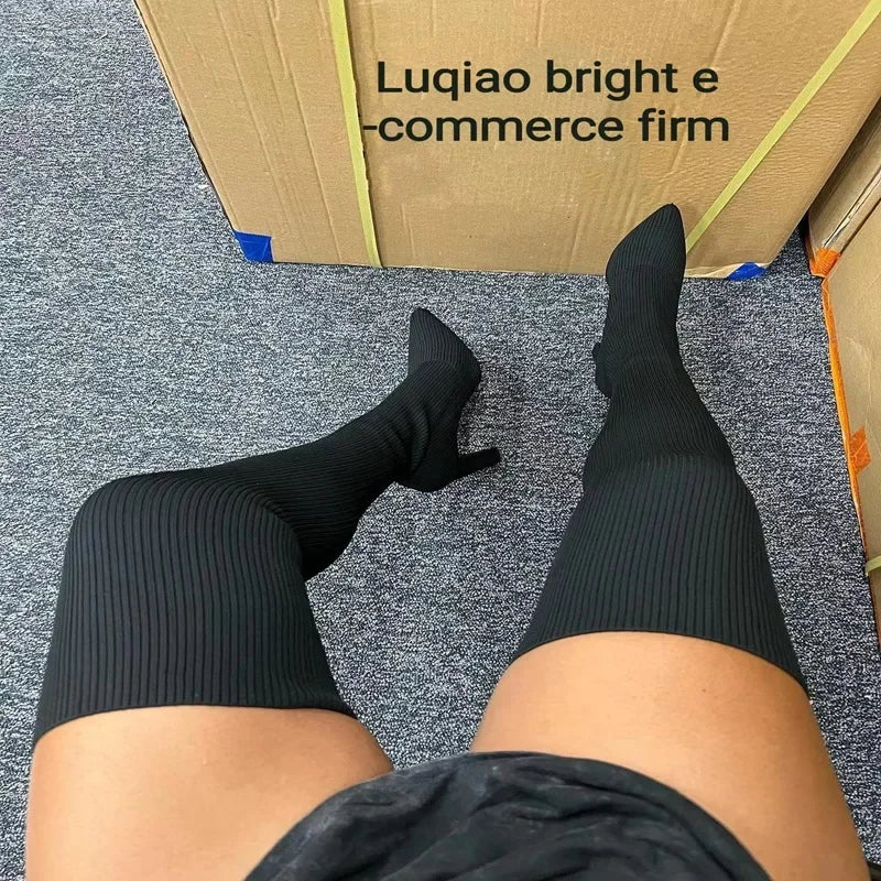 Woman Over The knee Boots Winter Thigh Knitted Elastic Socks Shoe Warm Sexy Stilettos Heels Pointed Long Boots 35-43 botas mujer