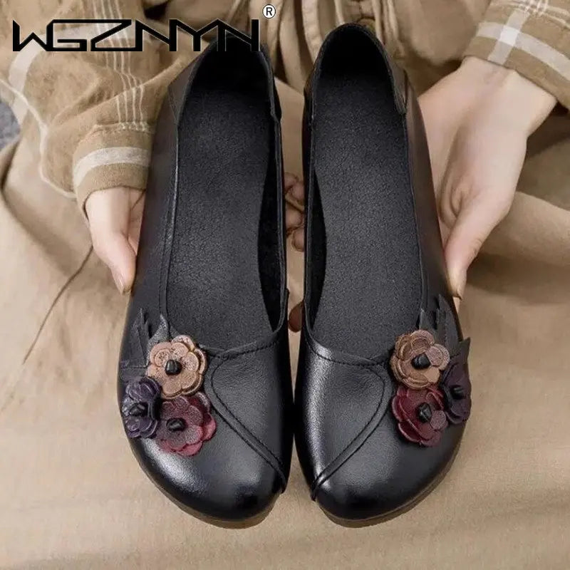 2023 Vintage Floral Ballet Flats Women's Genuine Leather Shallow Shoes Mom Driving Loafers Ladies Retro Cozy Moccasins Sneakers