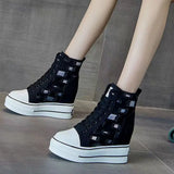 Inner Increase White Shoes 2023 New High-top Canvas Spring Autumn Women Hollow Breathable Casual Thick-soled Women Sneaker Shoes