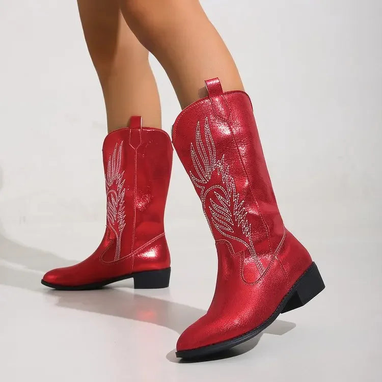 2023 Winter New Fashion Western Cowboy Boots Women Pointed Toe High Heel Shoes Ladies Embroidery Chelsea Boots Zapatos Mujer