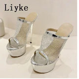 Liyke Summer Fashion Breathable Mesh Peep Toe Extreme High Heels Platform Slippers For Women Sandals Shoes Lady Pumps Slides