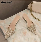 Aneikeh Spring/Autumn Fashion Sexy Women Shoes Elegant String Bead Crystal Patchwork Slip-On 35-42 Thin Heels Slipper NEW 2025