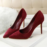 Women Elegant Flock Orange Purple Evening Banquet Party Pumps Lady Classic Scarpin New Burgundy 9cm High Heels Shoes Plus Size