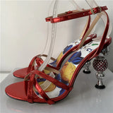 Jeweled Crystal Metal Strange Heel Sandals Women Sexy Cross Narrow Band Printed Flower Color 2024 Summer Banquet Shoes Woman