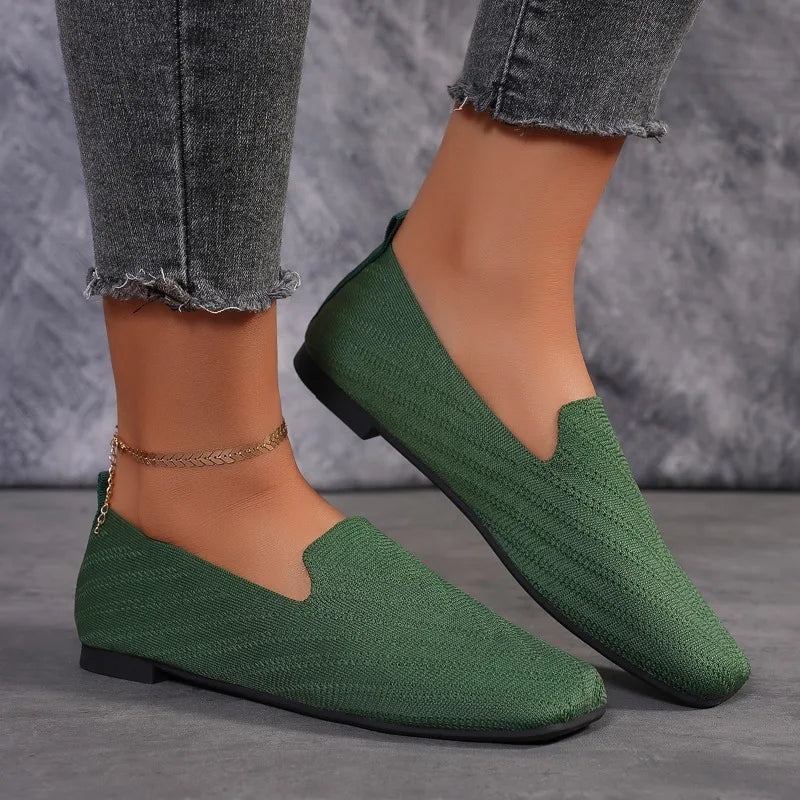 2024 Solid Color Square Toe Mesh Loafers Shallow Women Flats Shoes Soft Bottom Knit Ballet Flats Shoes Casual Slip on Shoes