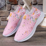 Women Print Breathable Jogging Sneakers Shining Crystal Walking Socks Shoes Woman Slip-On Soft Bottom Light Trainers Female