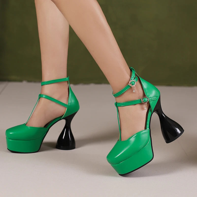 Plus Size T-Strap Ankle Buckle Narrow Band Ultra-High Irregular Heel Fashion Sandals Square Toe Hollow Sexy Women's Sandals