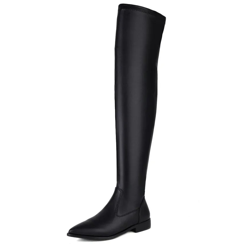 Elastic Thigh High Boots Women Soft Stretch Black Beige Over the Knee Boot Low Heels 2024 Autumn Winter Shoes Lady Large Size 48