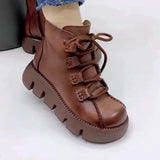 Snow Boots Womens Cotton Boots 2024 New Plush Warm Lace-up Shoe Soft Leather Anti Slip Thick Soles Elevated Motorcycle Boot