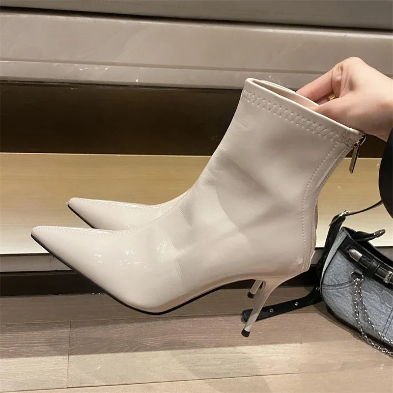 Eilyken Street Style Thin High Heels Ankle Boots Women Patent Leather Autumn Winter Zipper Shoes Sexy Banquet Prom Pumps