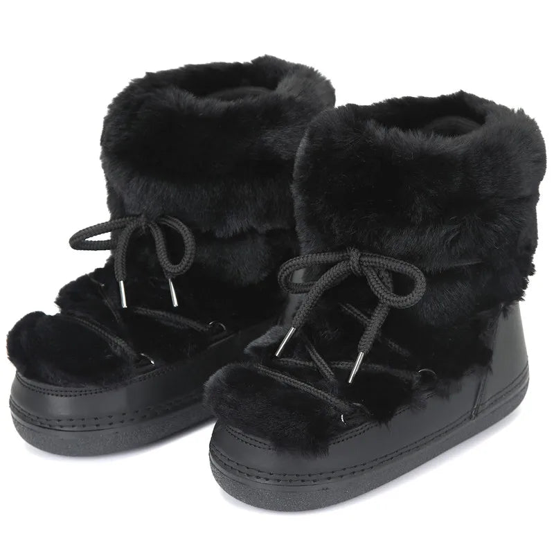 2024 Winter Boots Women Ankle Ski Boots Brand Design Platform Waterproof Lace-up Fur Boots Woman Fluffy Furry Fox Fur Snow Boots