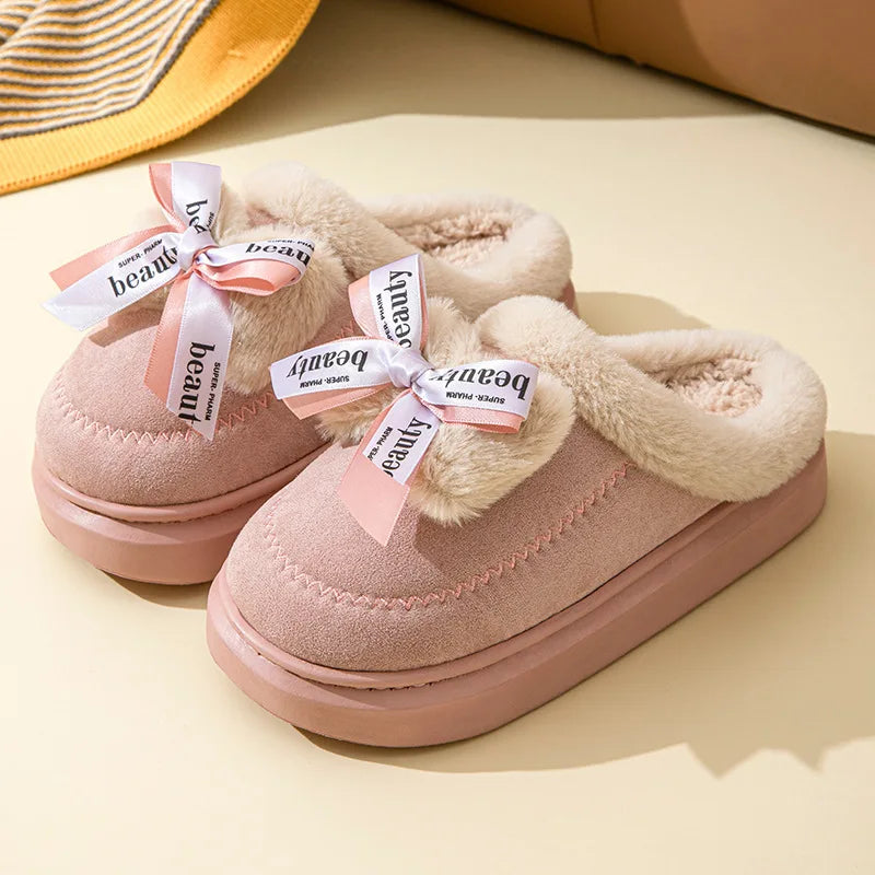 Winter Faux Suede Cotton Slippers for Women's Winter Home Rabbit Bow Cotton Slippers for Warmth New Thick Soled Princess Style