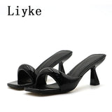 Liyke 2025 New Arrivals Black Silver Square Toe Slippers For Woman Mules Low Thin Heels Designer Slides Shoes Gladiator Sandals