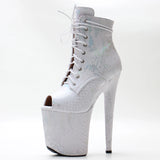 8 Inch (200mm) Heel, 4 Inch (100mm) Platform Lace-Up Front Pole Dancing Ankle Boot With Hologtaphic Serpentine Print Upper