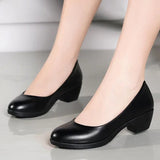 Women's Four Seasons Flat Shoes Thick Heel Round Middle Low Top Black Leather Work Shoes Comfortable For Commuting