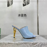 2024 Runway New Square Toe Leather Slippers Strange Style High Heels Colorful Mules Women's Luxury Designer Party Brand Shoes